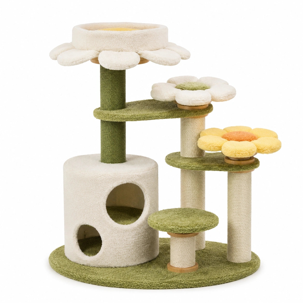Arbre à chat en bois avec plateformes florales, vert et jaune, 110 cm