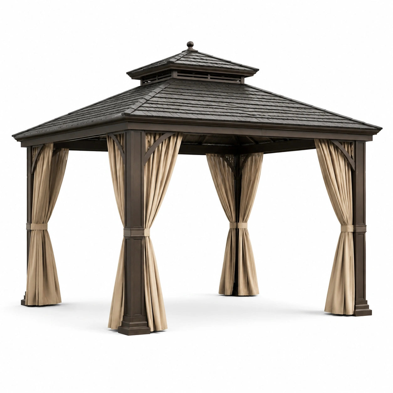 Pavillon en métal avec toit en polycarbonate et rideaux beiges 300x400 cm