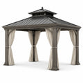 Pavillon de jardin en métal avec toit en acier et rideaux en polyester