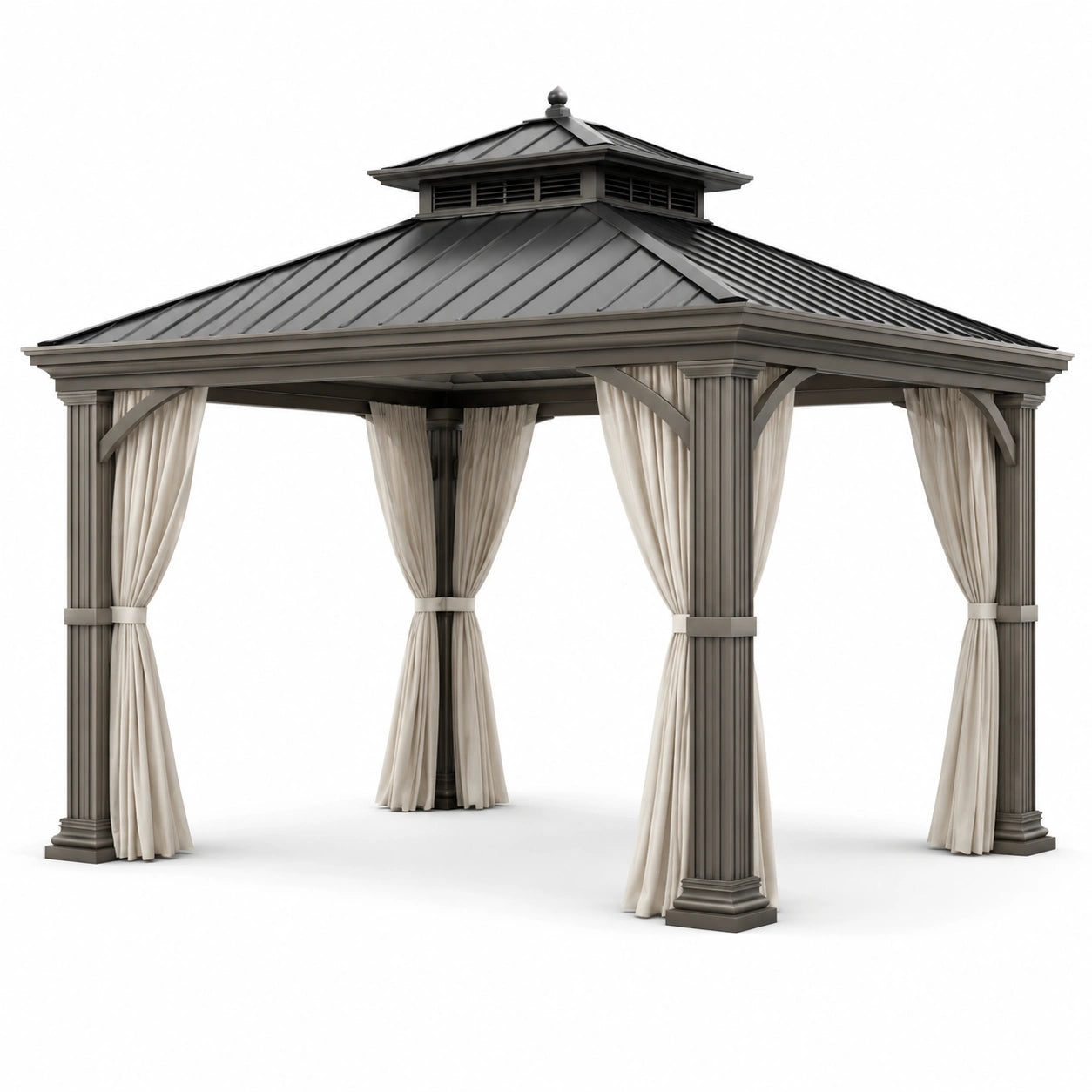 Pavillon de jardin en métal avec toit en acier et rideaux en polyester