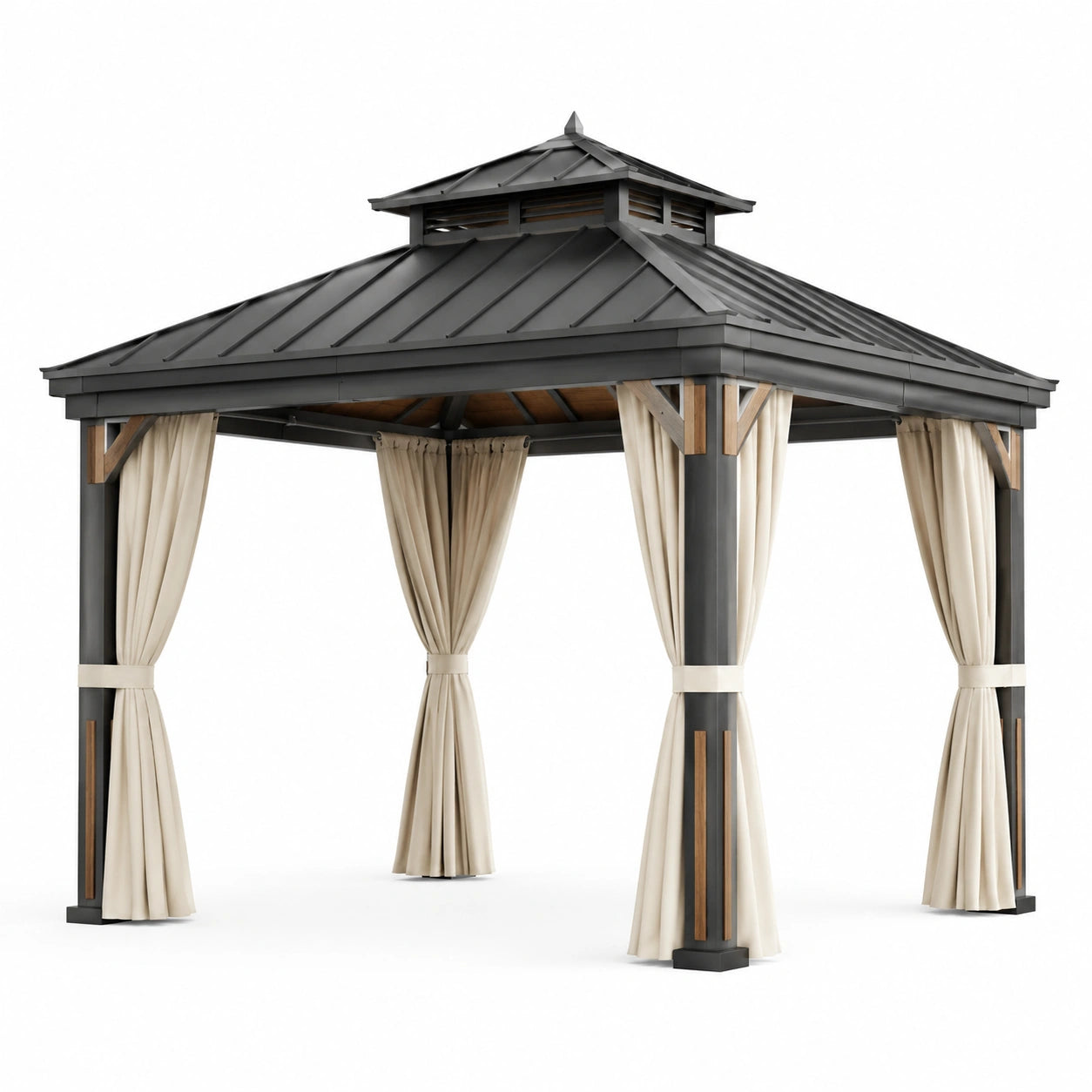 Pavillon en aluminium anthracite avec toit à deux étages et rideaux en polyester, 3x3 mètres