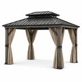 Pavillon de jardin en bois avec toit métallique et rideaux beige