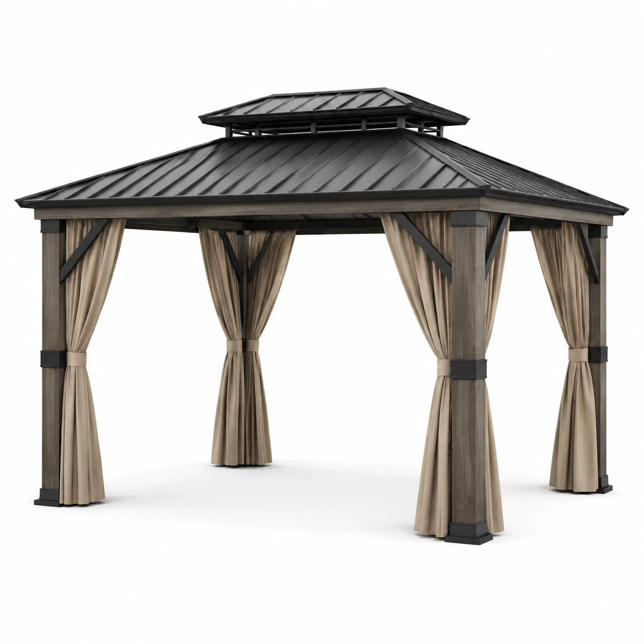 Pavillon de jardin en bois avec toit métallique et rideaux beige
