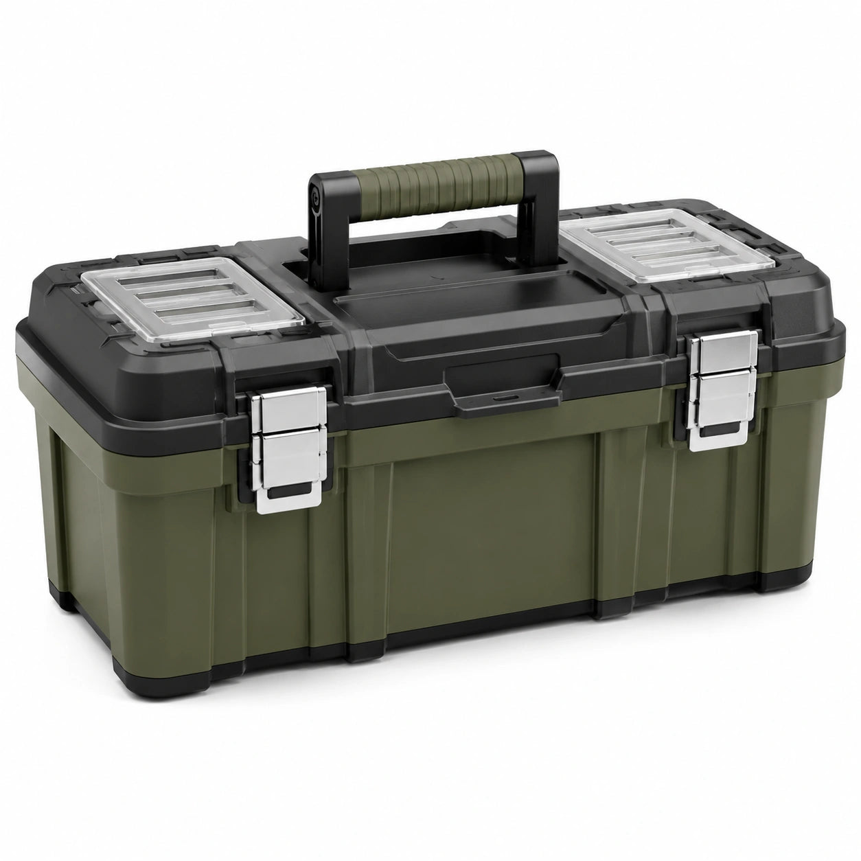 Boîte à outils en plastique avec clips métalliques, vert et noir, 52x27x22 cm