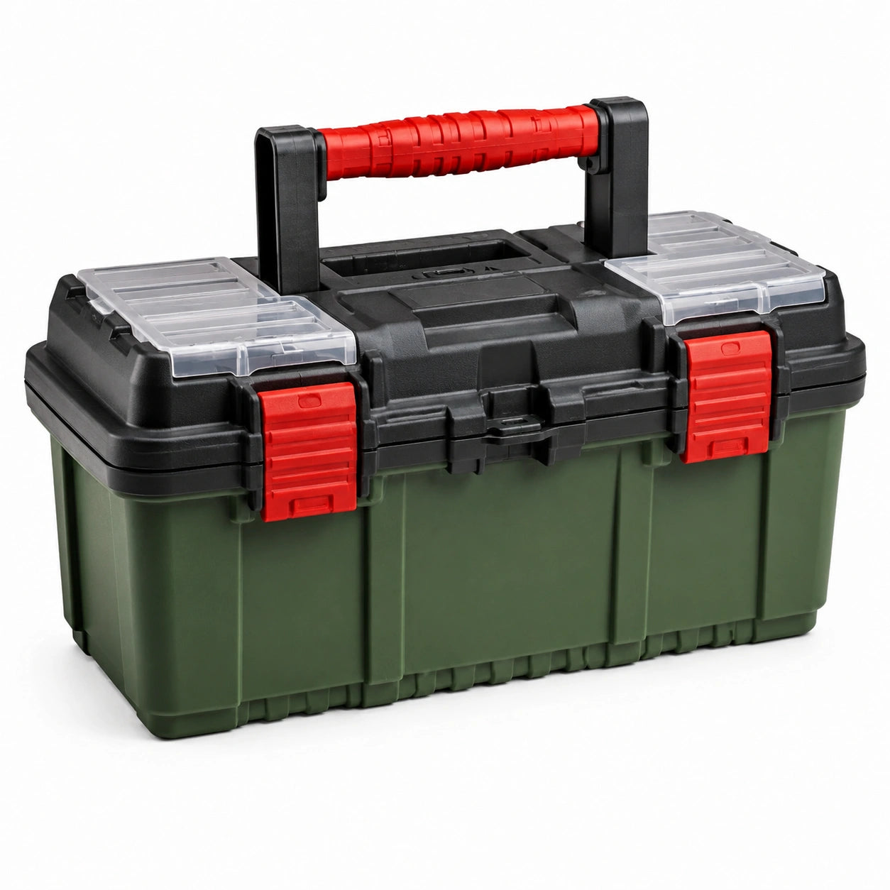 Boîte à outils en plastique avec poignées rouges et compartiments amovibles