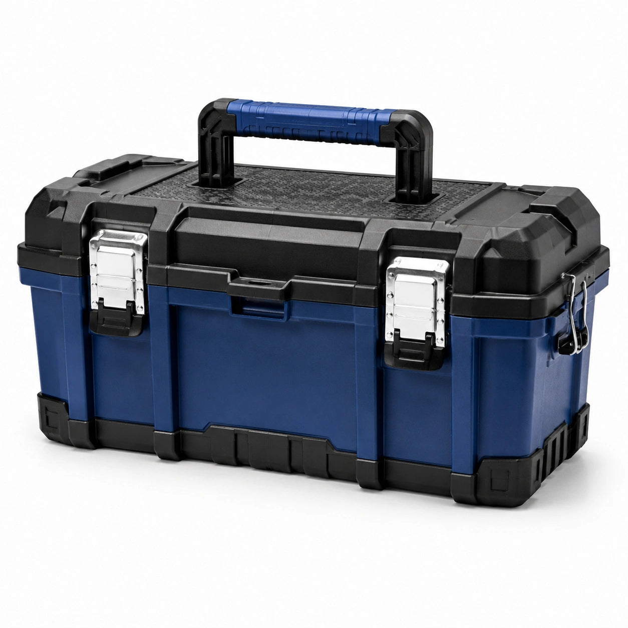 Caisse à outils en plastique bleu et noir avec poignées et loquets en acier inoxydable