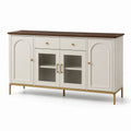 Buffet en Bois MDF avec Portes en Verre Trempé et Métal, Blanc/Chêne, 150cm x 40cm x 85cm