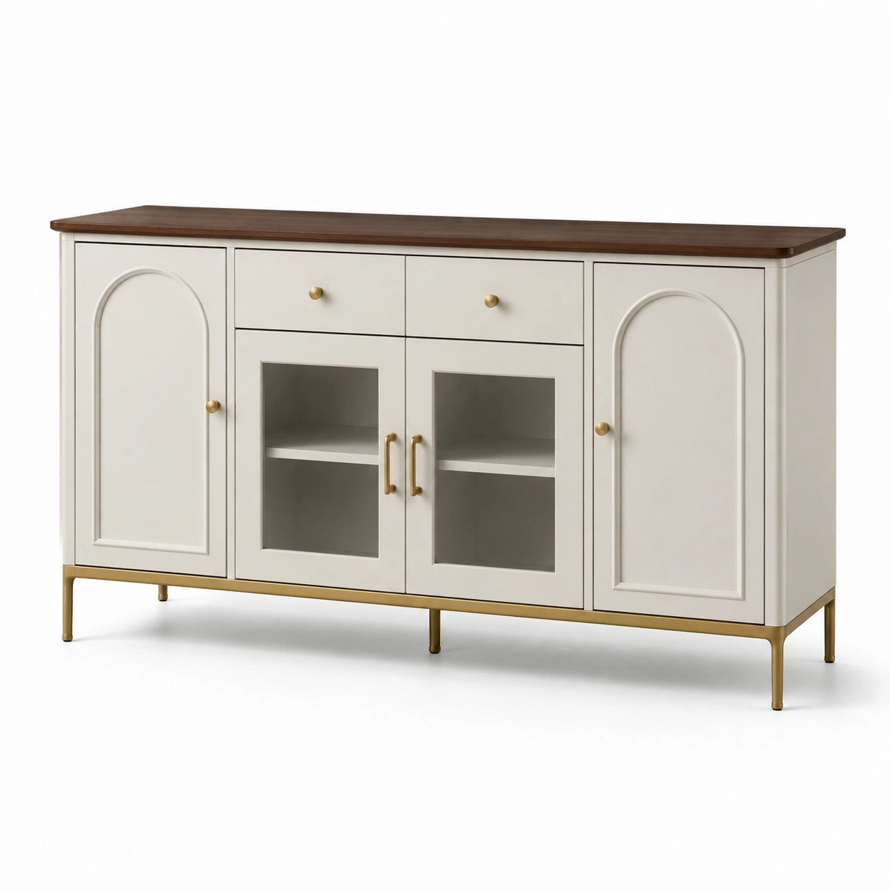 Buffet en Bois MDF avec Portes en Verre Trempé et Métal, Blanc/Chêne, 150cm x 40cm x 85cm