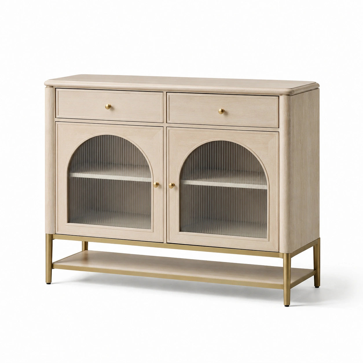 Buffet en bois avec portes en verre trempé cannelé et 2 tiroirs, beige, 120x40x85 cm