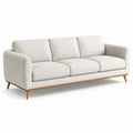 Canapé trois places en tissu polyester beige avec pieds en bois de hêtre