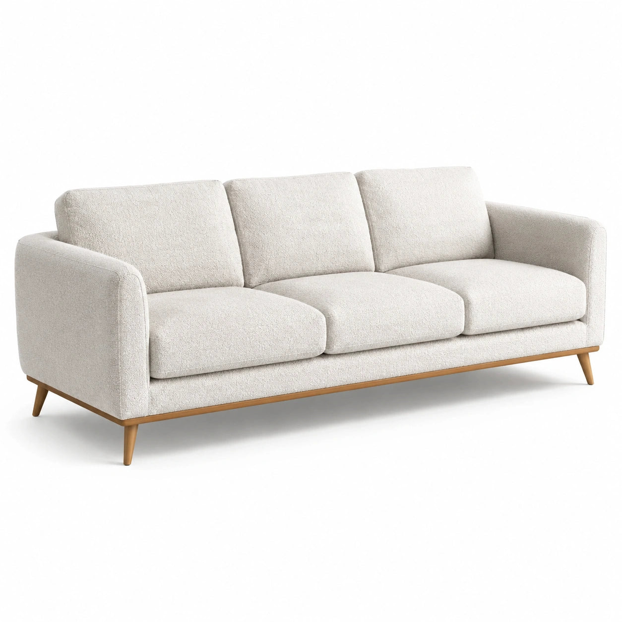 Canapé trois places en tissu polyester beige avec pieds en bois de hêtre