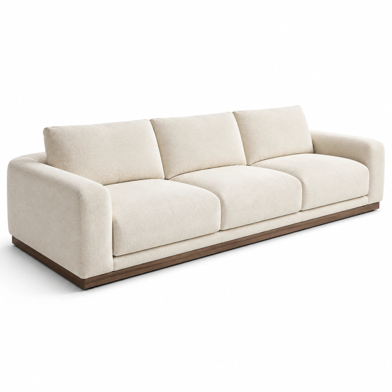 Canapé 3 places en tissu beige avec base en bois