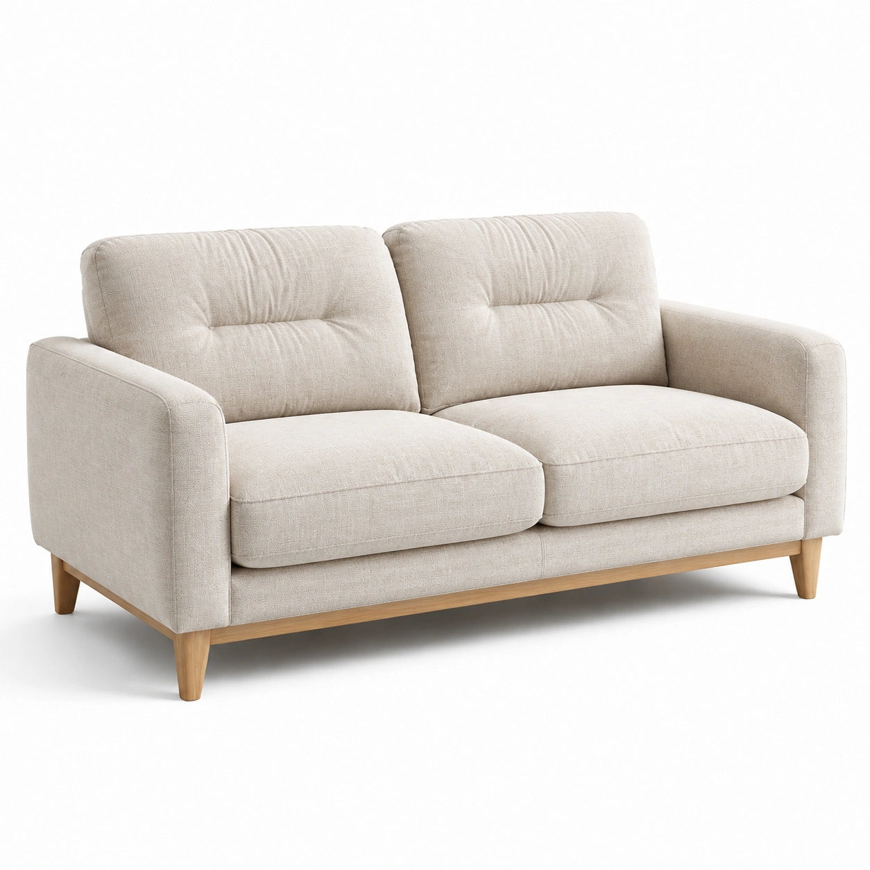 Canapé 2 places en tissu polyester beige avec pieds en bois de chêne