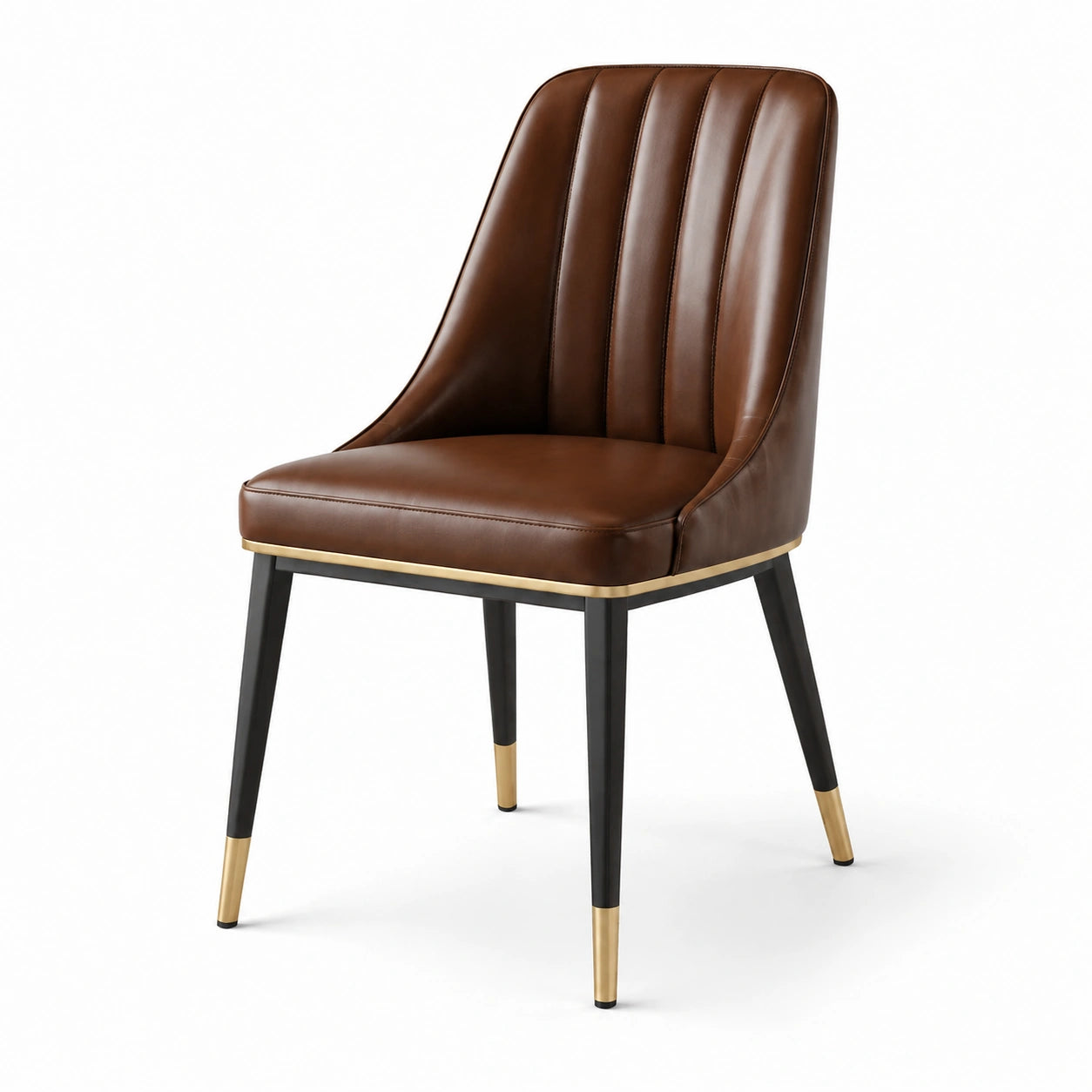 Chaise de salle à manger en cuir PU brun avec cadre en métal noir et détails dorés