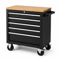 Chariot à outils en métal noir avec plateau en bois et 5 tiroirs