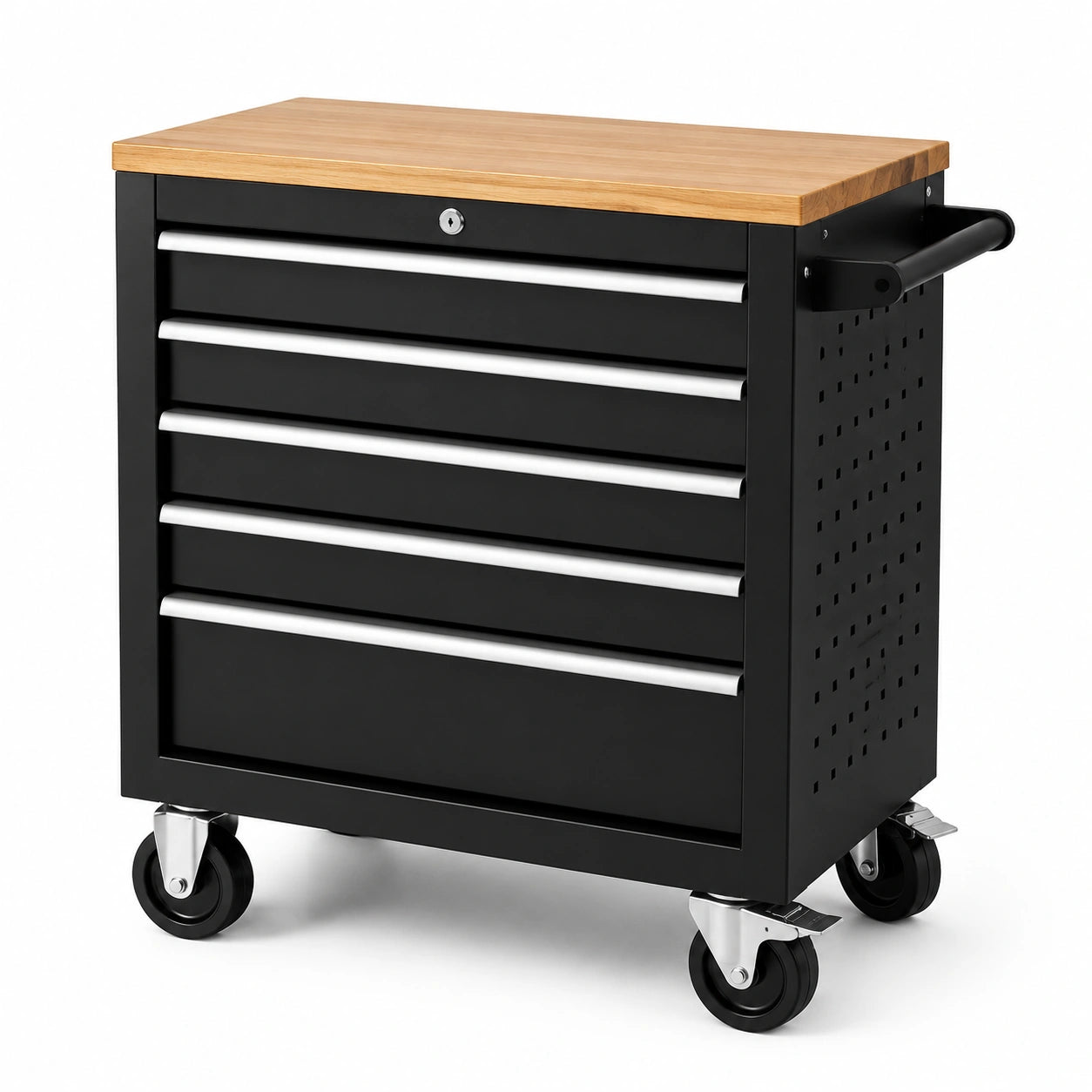 Chariot à outils en métal noir avec plateau en bois et 5 tiroirs