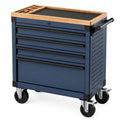 Chariot à outils en métal bleu avec 5 tiroirs, plateau en bois, roues pivotantes