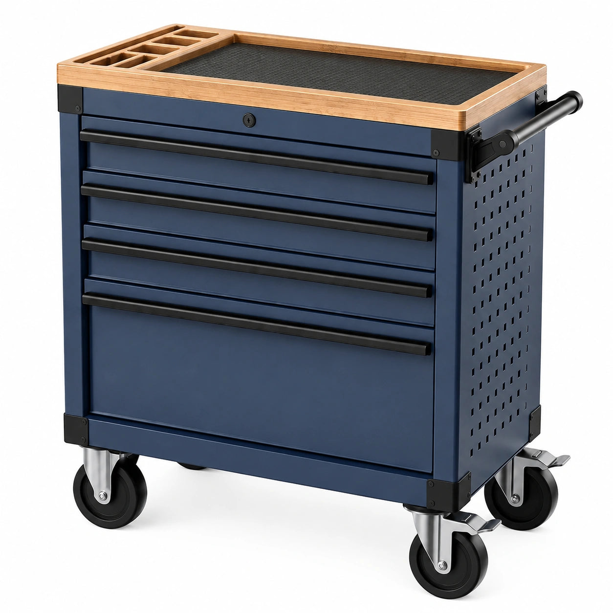 Chariot à outils en métal bleu avec 5 tiroirs, plateau en bois, roues pivotantes