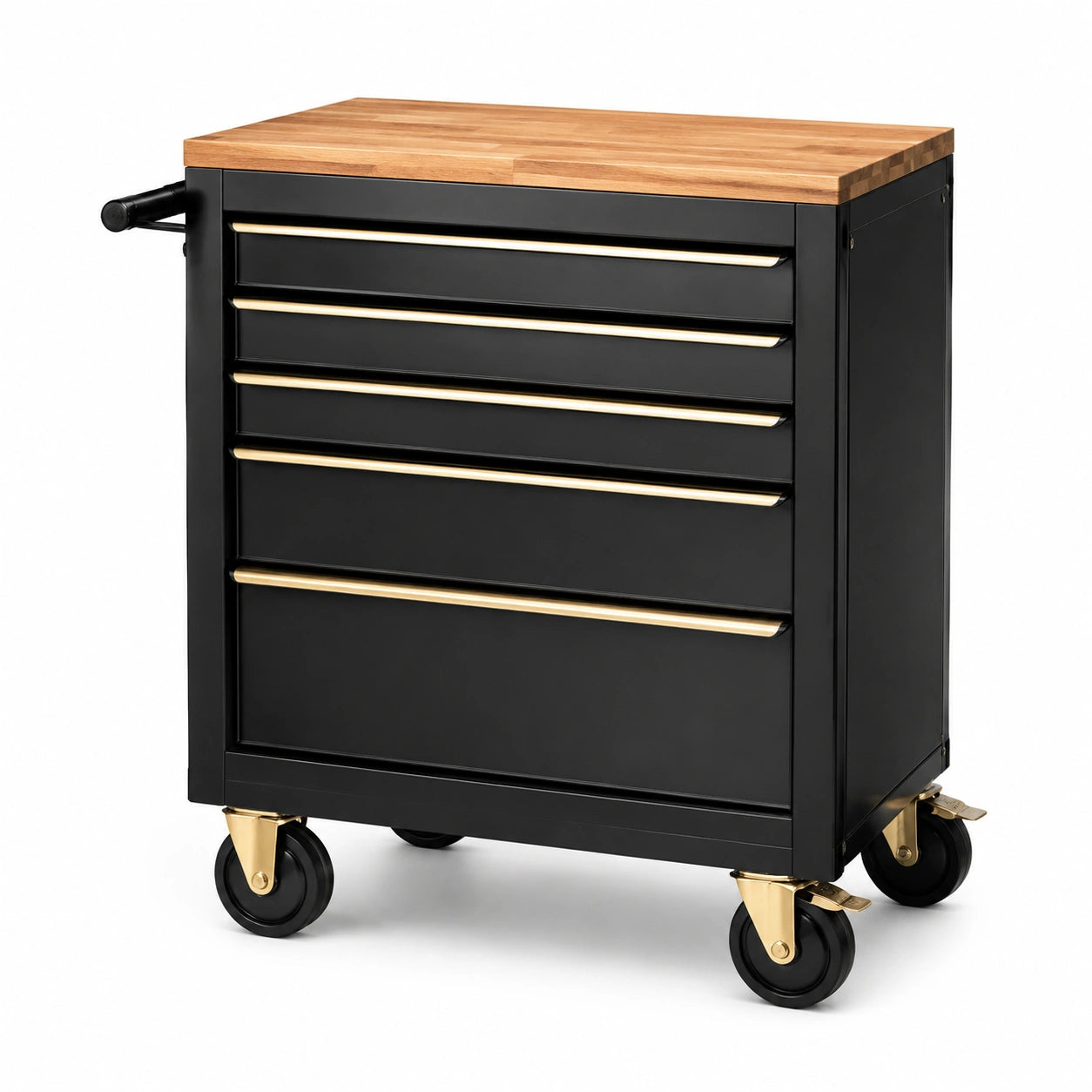 Chariot à outils en métal noir avec plateau en bois de chêne et 6 tiroirs