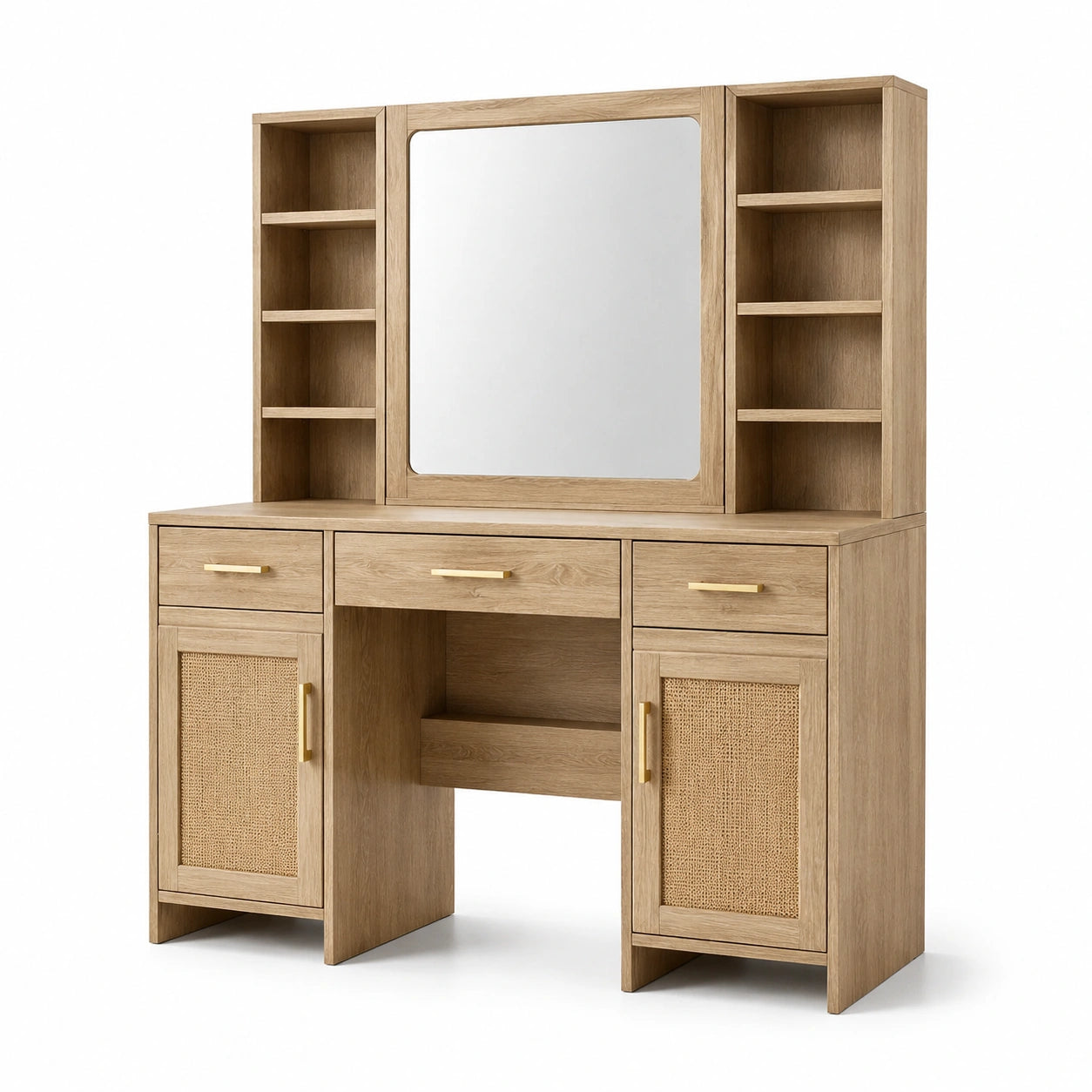 Coiffeuse en bois avec miroir et étagères intégrées