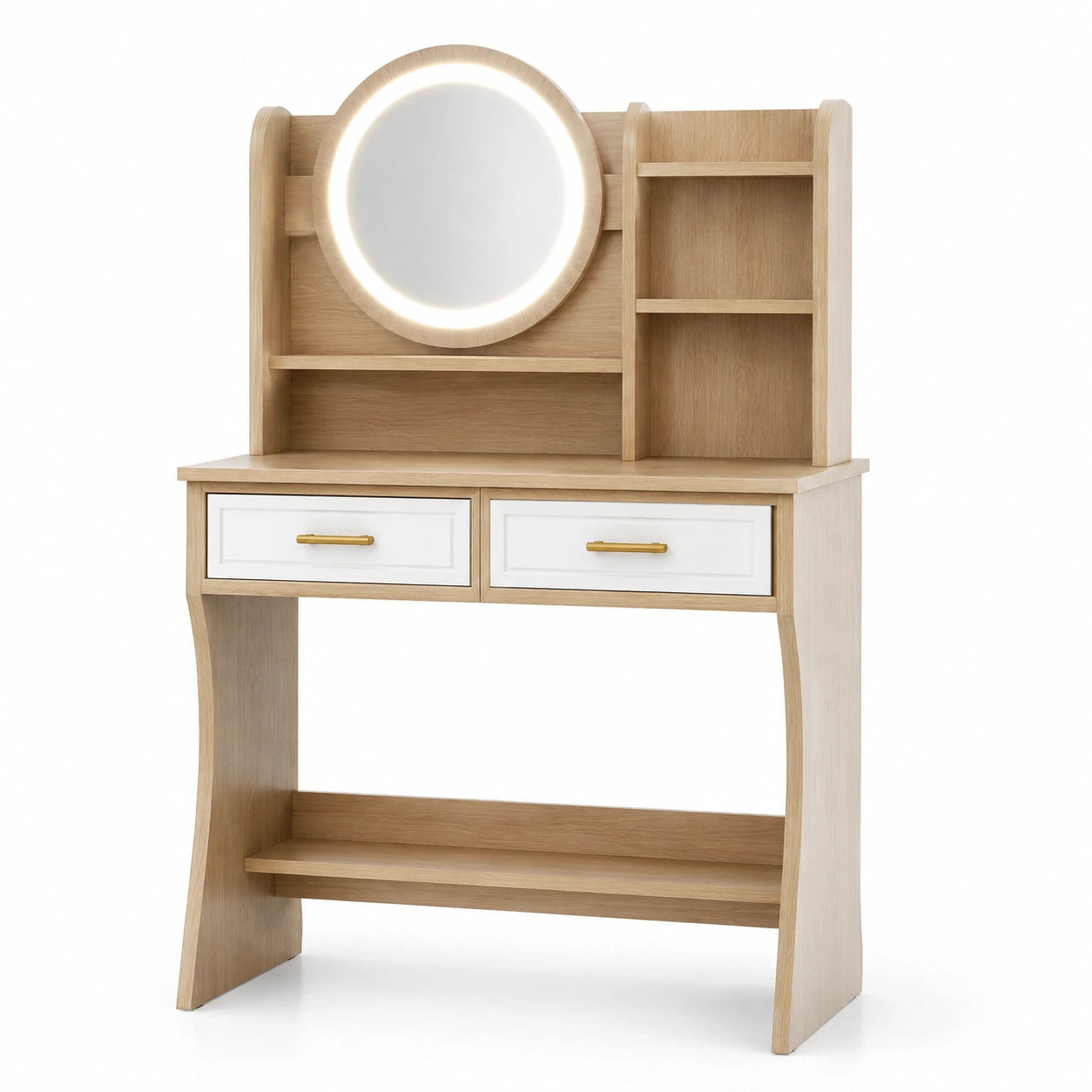 Coiffeuse en bois clair avec miroir rond LED et rangements