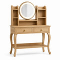 Coiffeuse en bois de chêne avec miroir rond et étagères