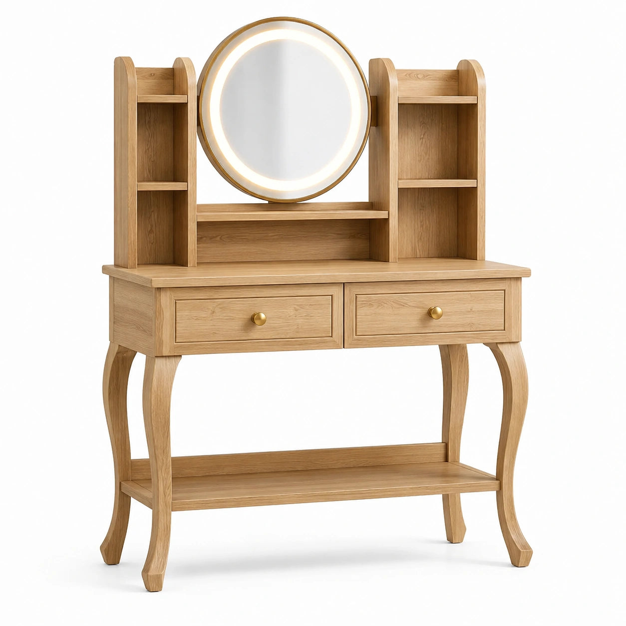Coiffeuse en bois de chêne avec miroir rond et étagères