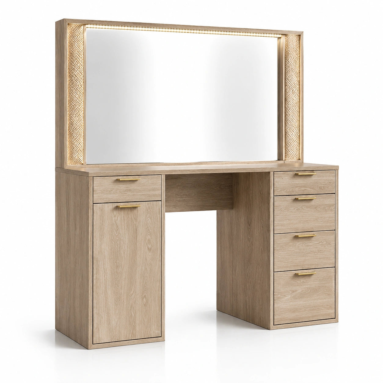 Coiffeuse en bois de chêne clair avec miroir éclairé et cinq tiroirs