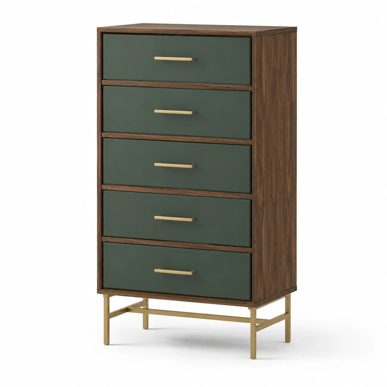 Commode en bois de noyer et vert avec pieds en métal doré