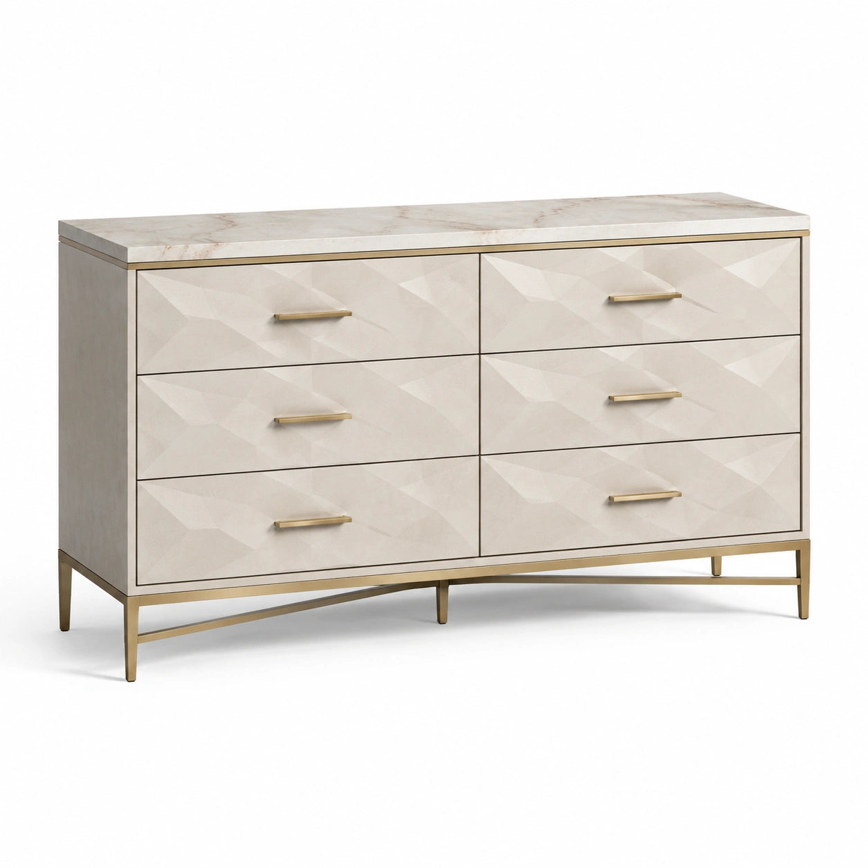 Commode en bois avec plateau en marbre et cadre en métal doré, 6 tiroirs