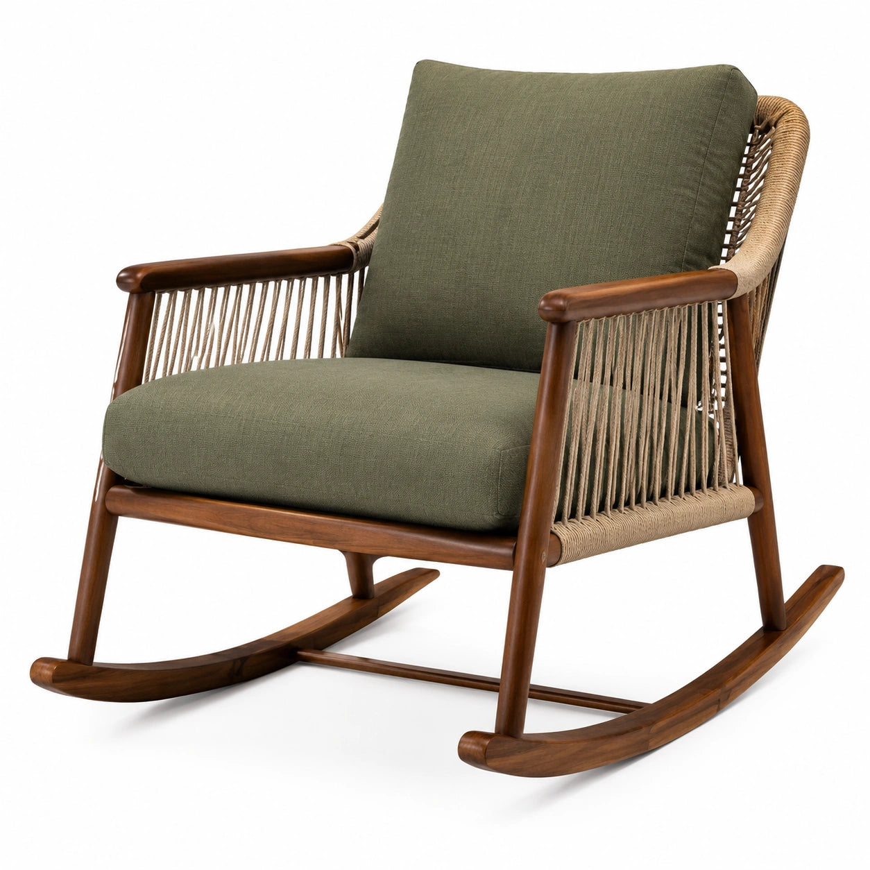 Fauteuil à bascule en bois avec coussin vert et corde tressée