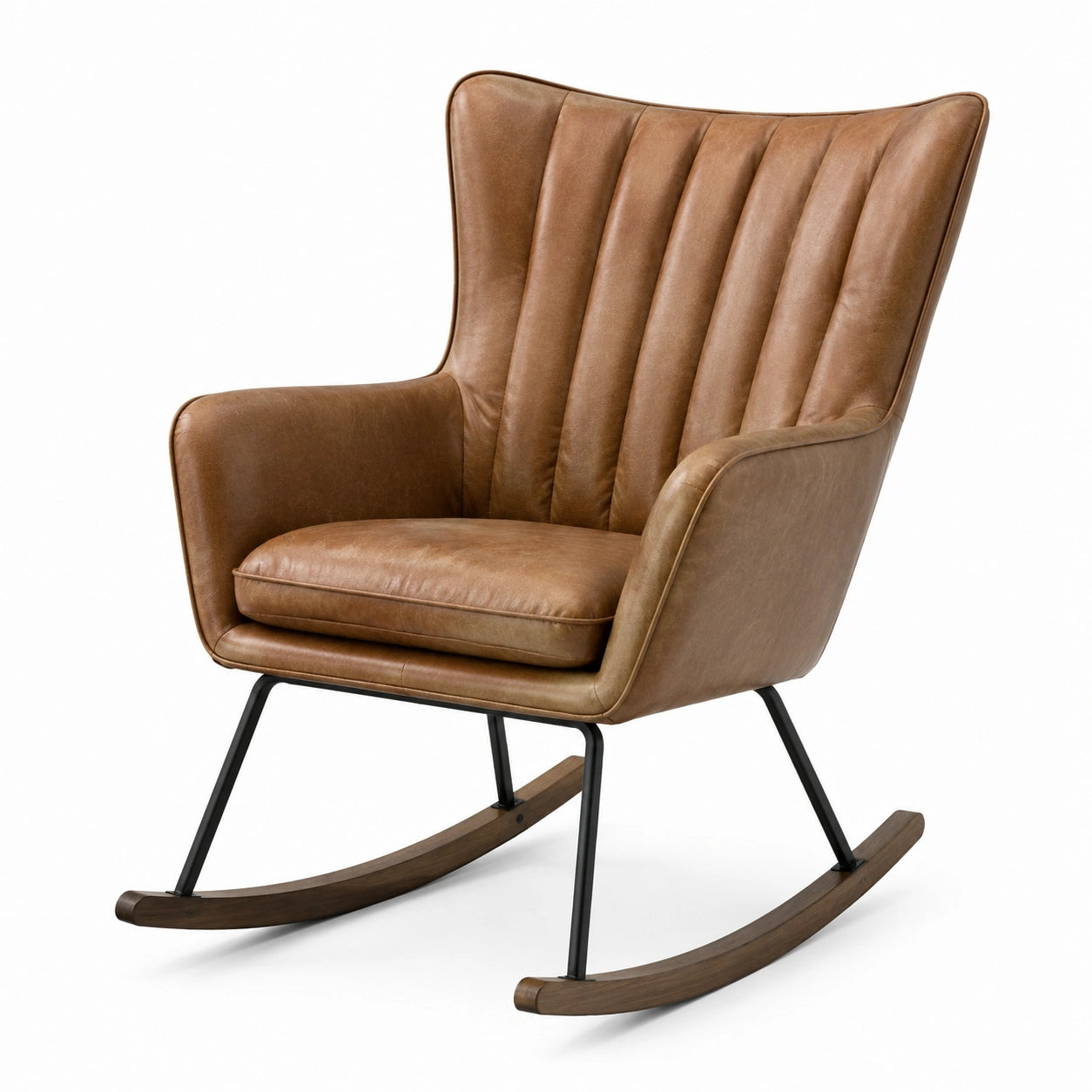 Fauteuil à bascule en cuir avec structure en métal et bois